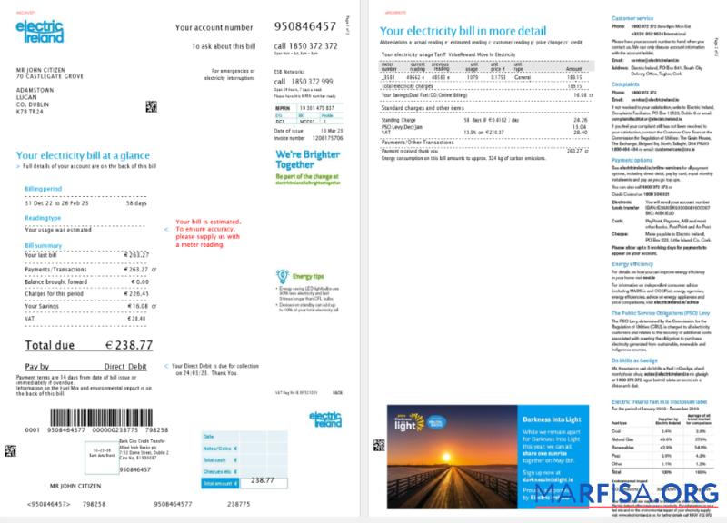 Blank Ireland Electric Ireland utility bill template in Word and PDF format, version 2, 2 pages